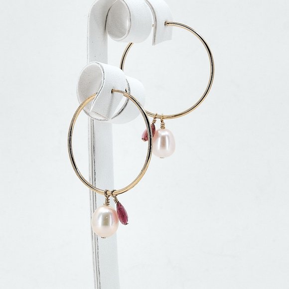 Pearl & Pink Tourmaline Hoop Earrings, 14K Gold Filled Thin Endless Hoops - Picture 4 of 11